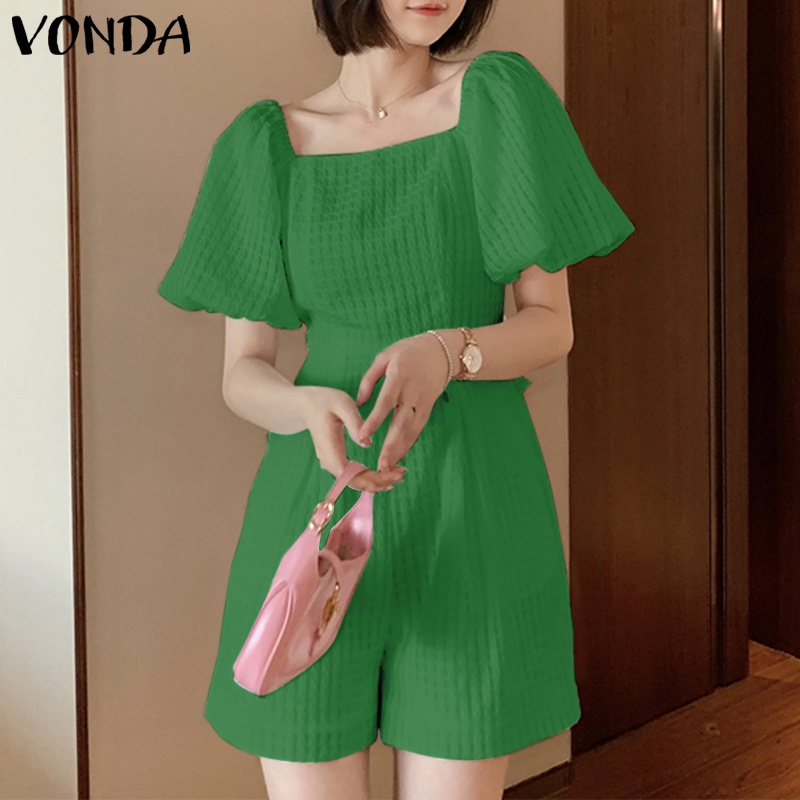 Áo liền quần VONDA tay ngắn phồng cổ vuông màu trơn phong cách Hàn Quốc thời trang mùa hè cho nữ