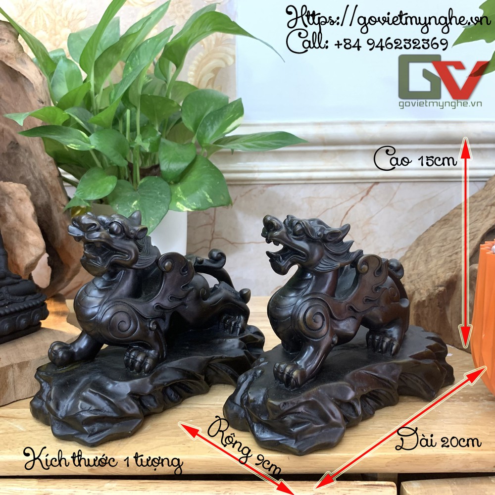 Cặp 2 Tượng Đá Trang Trí Tỳ Hưu Phong Thủy - Dài 20cm x Cao 15cm - Màu Nâu Đen