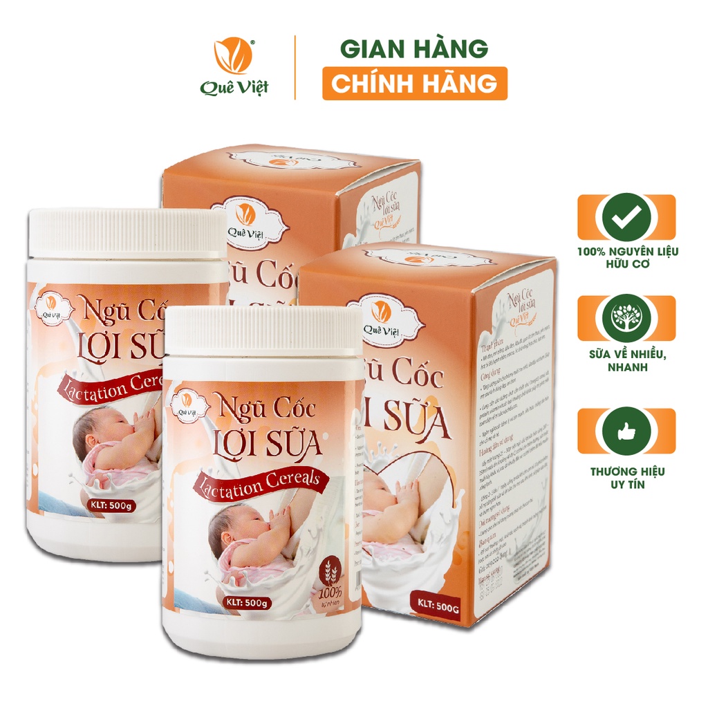 Combo 2 hộp Ngũ cốc lợi sữa Quê Việt 100% nguyên liệu hữu cơ, sữa về nhiều, nhanh, bổ sung dinh dưỡng cho bé 500gr/hộp