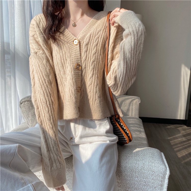 Áo khoác cardigan ZHELIHANGFEI dệt kim tay dài cổ chữ V dễ phối đồ sành điệu