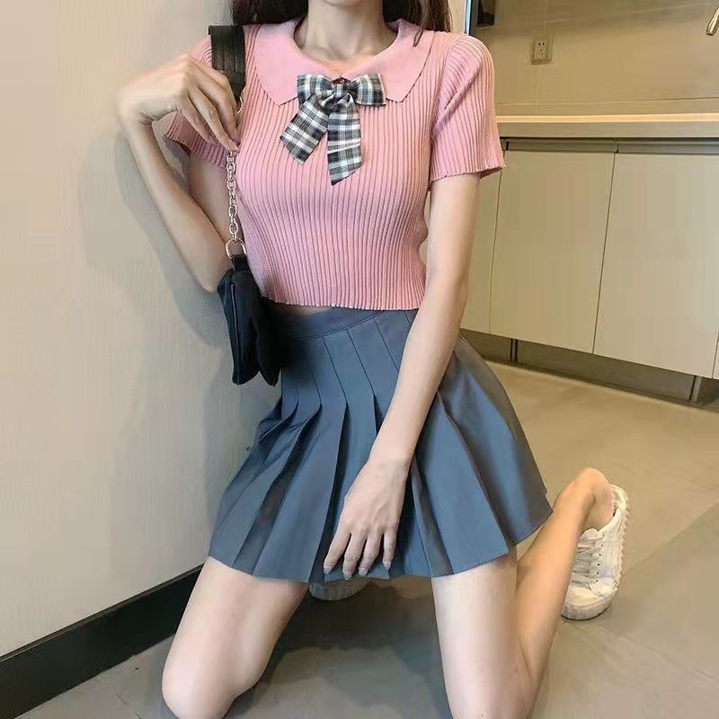 Áo thun bằng vải dệt kim tay ngắn cổ búp bê đính nơ thời trang mùa hè phong cách Hàn Quốc cho nữ VN170