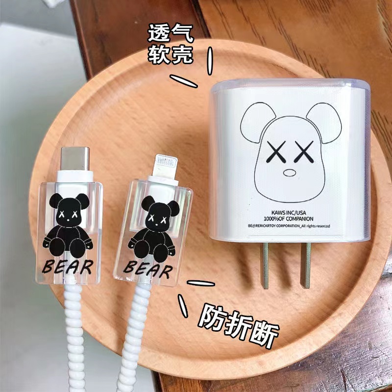 Bộ vỏ bọc bảo vệ cốc sạc và dây cáp trong suốt có phụ kiện hoạt hình dành cho iPhone 12 11 promax 20W / 18W bộ sạc 5W