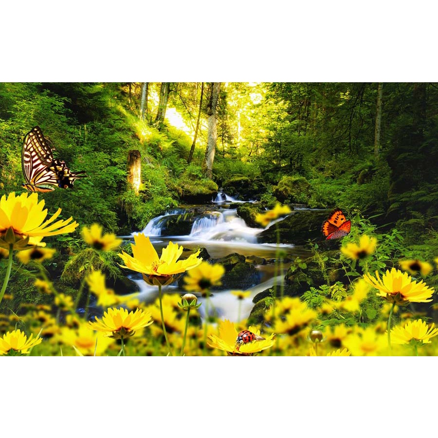 Tranh 3D phong cảnh thác nước chảy, sông suối nên thơ