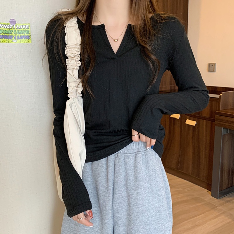 Áo SUXI tay dài cổ chữ V màu sắc đơn giản phong cách vintage