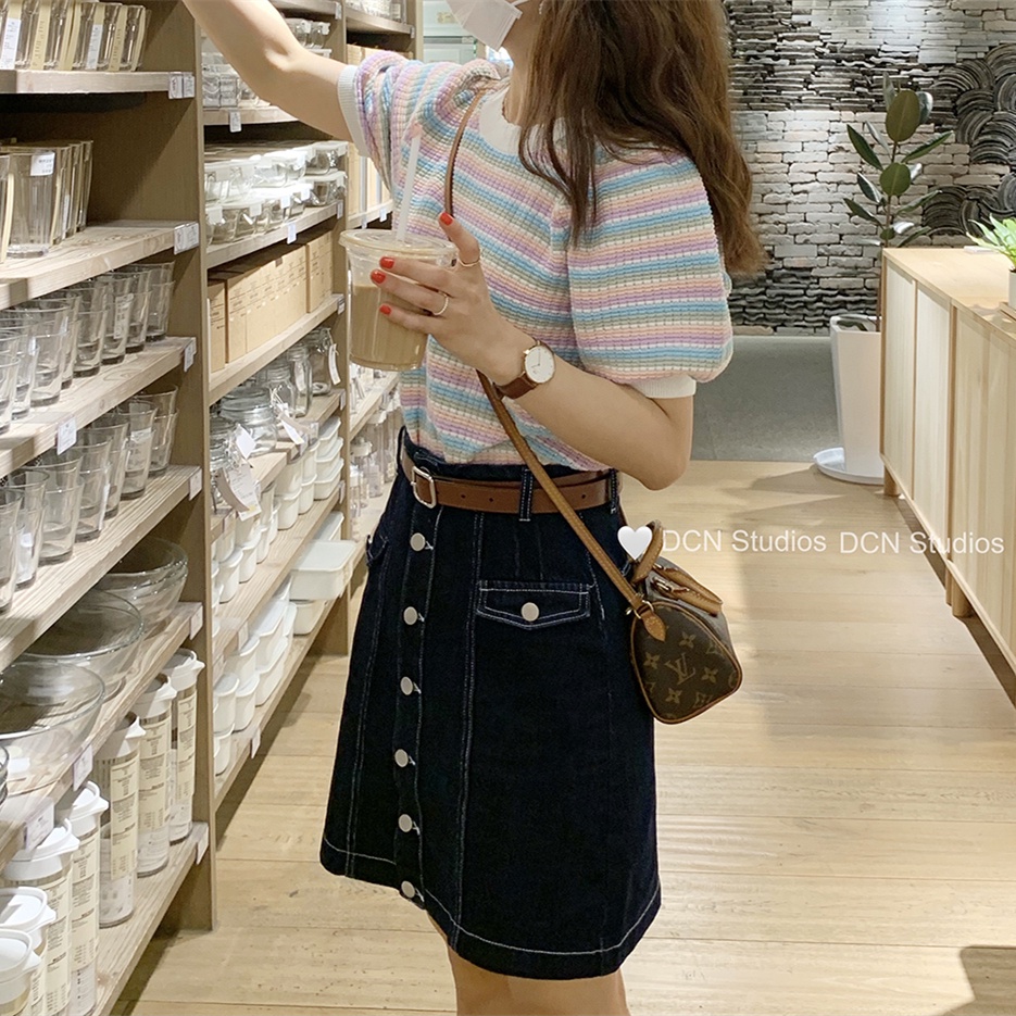 Áo Thun Tay Ngắn Phồng Họa Tiết Sọc Thời Trang Dành Cho Nữ