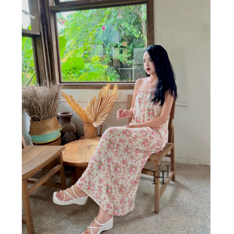 Đầm babydoll maxi hoa nhí, váy suông dài đi biển HDC101 Hỉn Hỉn Store