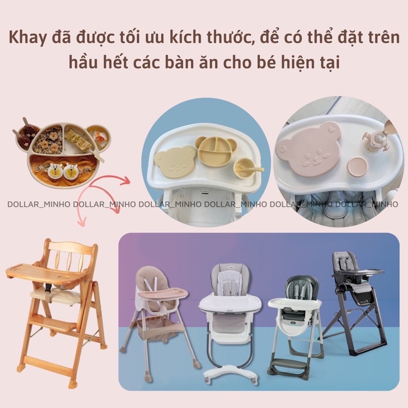 (Có hộp) Khay ăn dặm silicone cao cấp 5 ngăn hình gấu có nắp cho bé từ 5M, có đế hít chống trượt đổ, BPA FREE