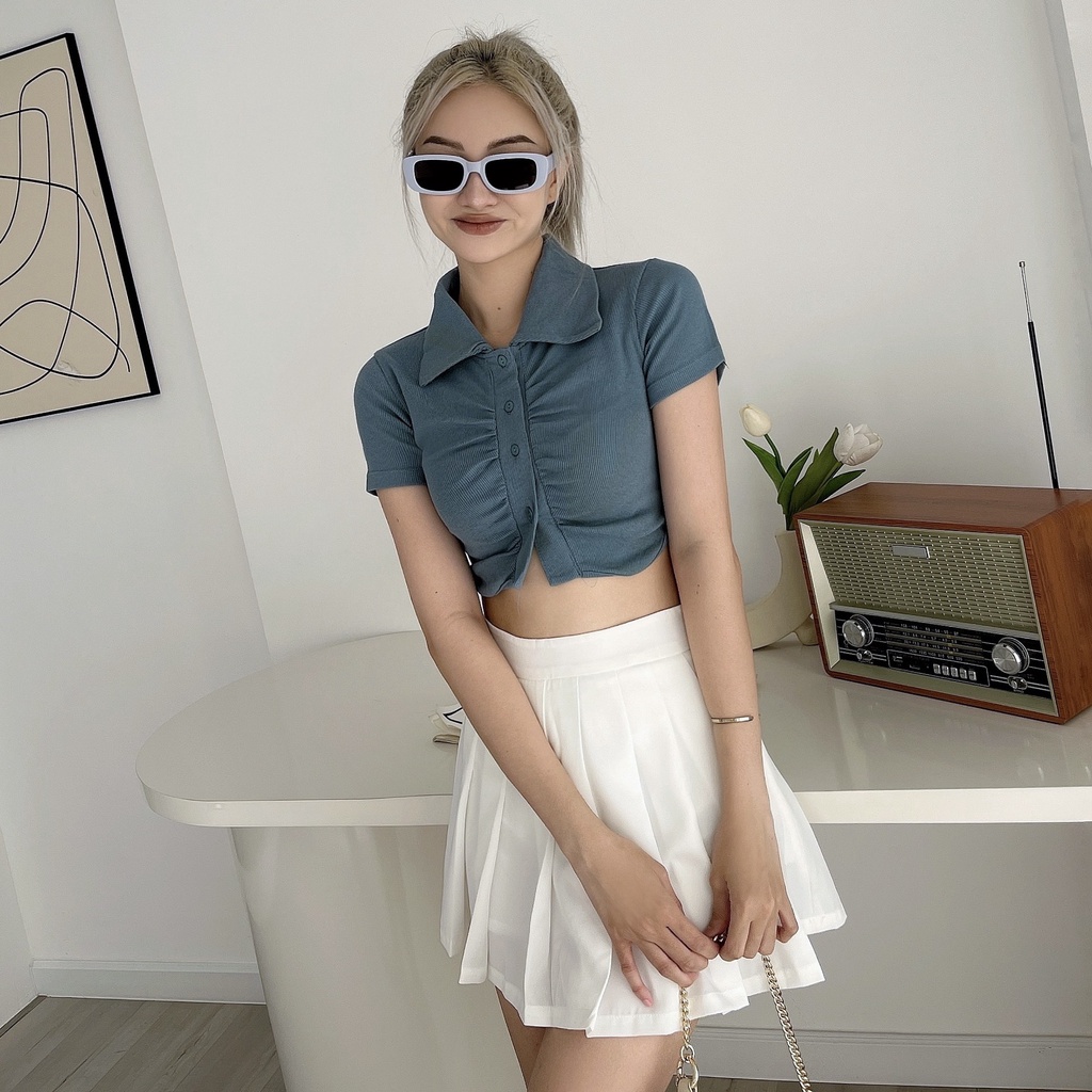 Áo croptop nữ body TOPTIFY ngắn tay nhún nẹp cổ polo Huxley Top A241