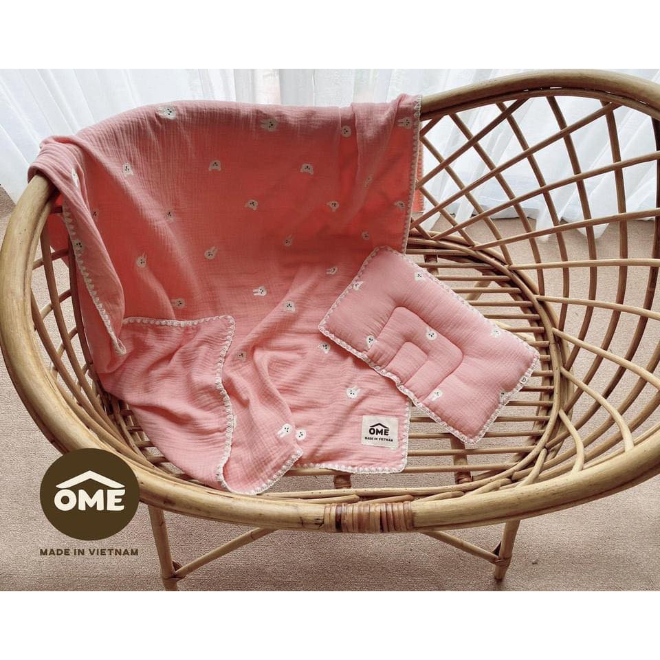Set chăn thêu 4 lớp + gối chống bẹp đầu vải xô viền họa tiết mềm mại cao cấp chính hãng Ome ''Set chăn gối cho bé''