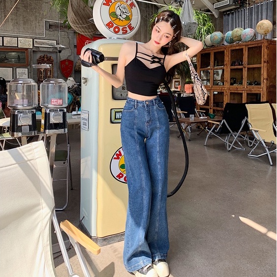 QKOOLE  Quần jeans Nữ Lưng Cao Ống Đứng Phong Cách Hàn Quốc