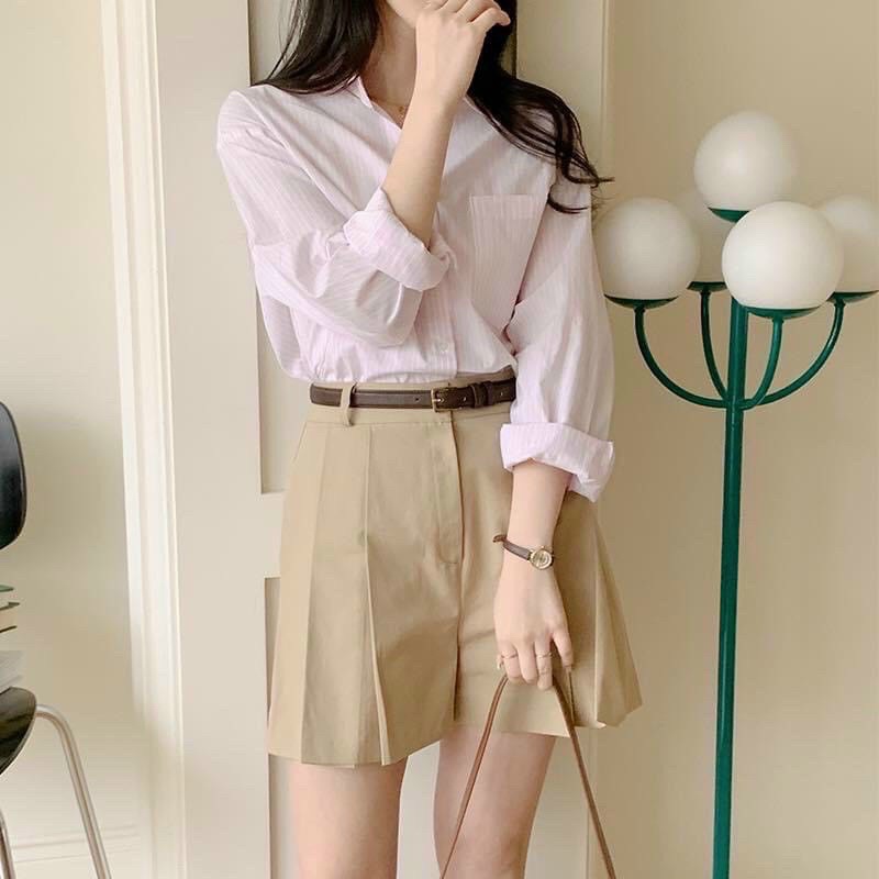 [Sẵn] Áo sơ mi sọc hồng + quần short nude xếp li style Hàn Quốc xinh xắn