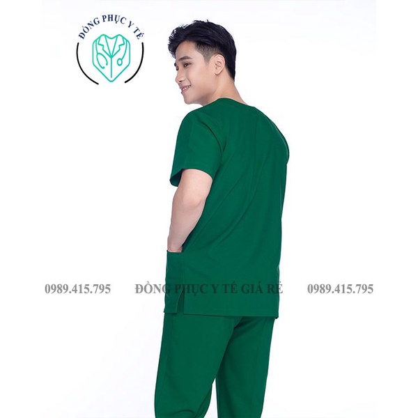 Bộ Scrubs Bác Sĩ Cao Cấp Màu Xanh Lá Cây, Y Tế Bộ Đồ Cổ Tim Vải Cotton