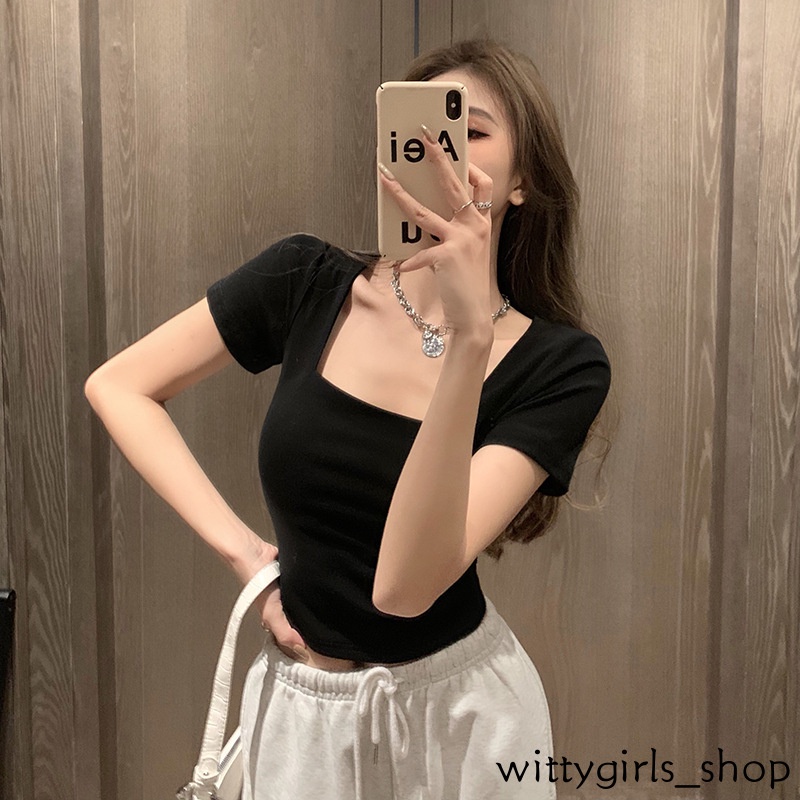Wittygirls_ Shop | Áo Thun Lửng Ngắn Tay Cổ Vuông Lưng Cao Thời Trang Nữ