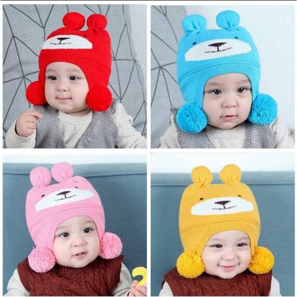 Mũ Len Hình Gấu Lót Bông, Che Tai Cho Bé 0-2 Tuổi