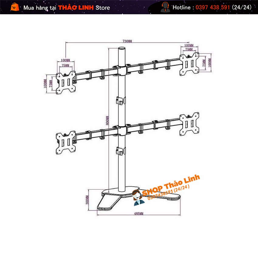 Giá Treo 4 Màn Hình Máy Tính 17 - 27 Inch -  Thiết Kế Chân V Để Bàn - Model: MS044 - Tay Đỡ Màn Hình Xoay 360 Độ