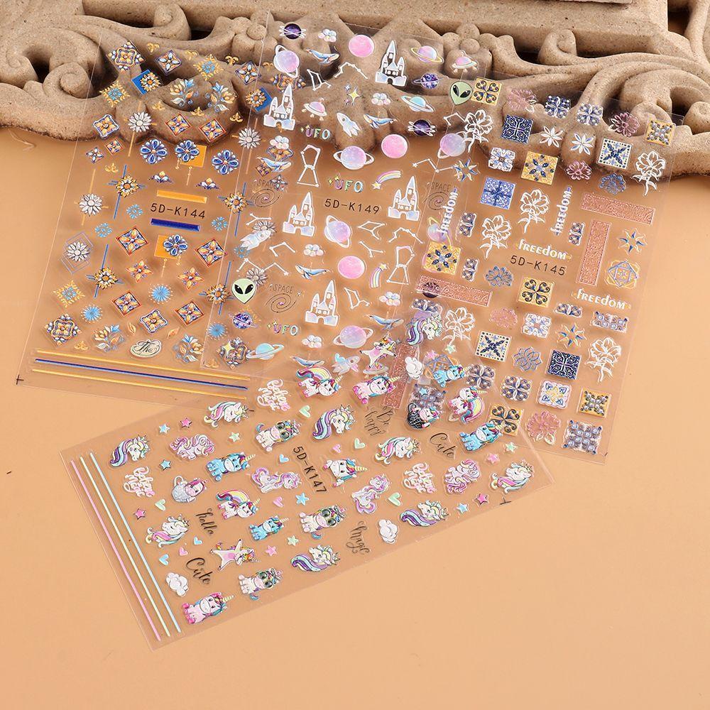 Miếng Dán Trang Trí Móng Tay Tự Dính Họa Tiết Kỳ Lân 5D Dễ Thương