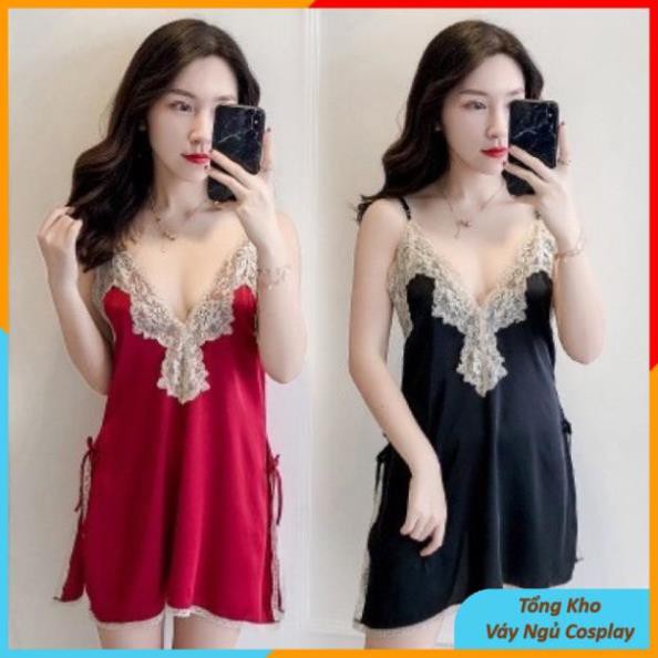 Váy ngủ 2 dây cosplay sexy chất liệu phi lụa cao cấp phối ren vạt xẻ, đầm ngủ sexy gợi cảm vl1786 TKVN