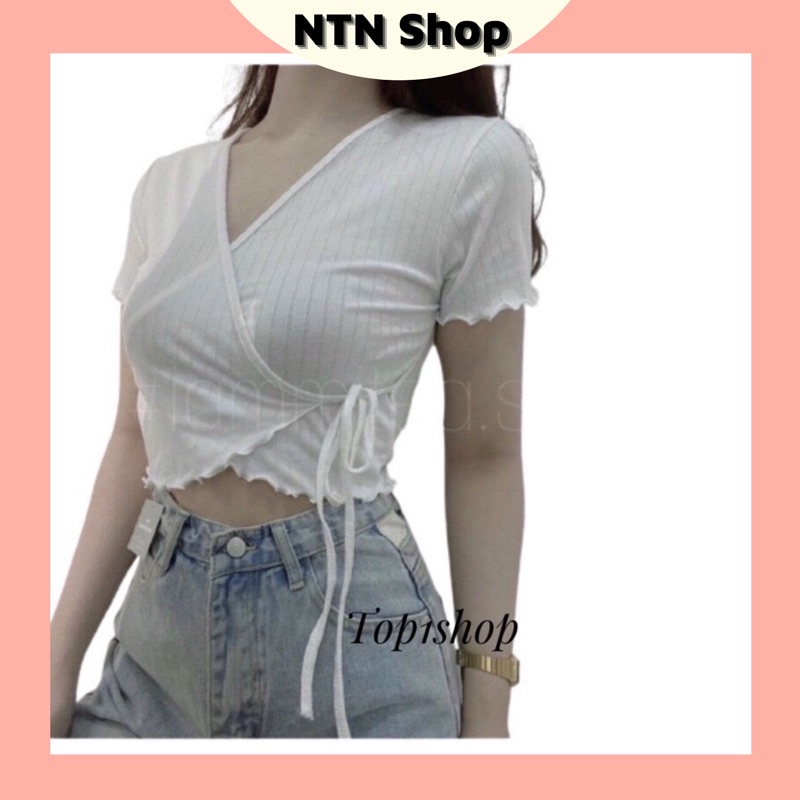 Áo Croptop Cổ v đắp chéo cột dây.