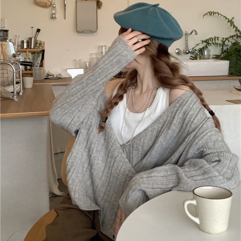 Áo Khoác Cardigan Dệt Kim Tay Dài Dáng Rộng Cổ Chữ V Thời Trang