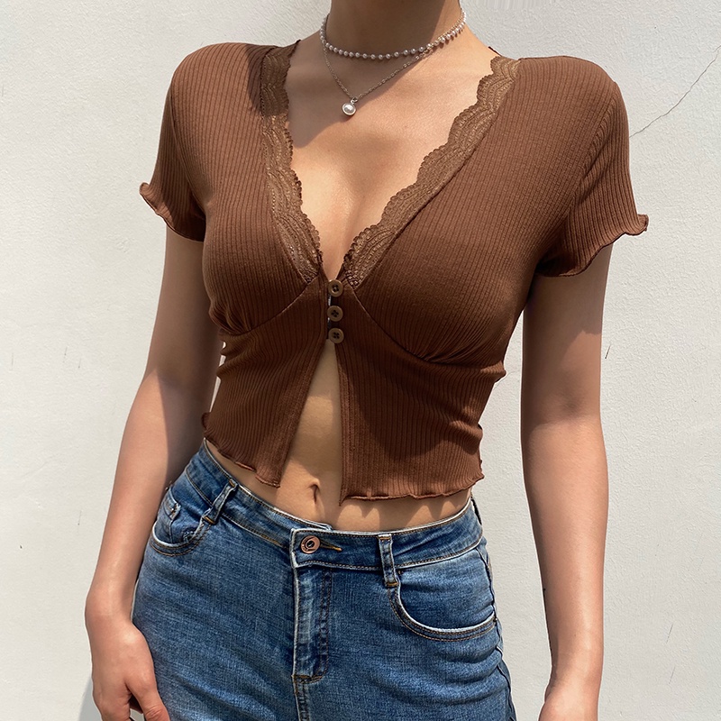 SUXI Ren khâu cổ chữ V Chia mỏng phù hợp với áo thun ngắn tay thời trang Hot Thời trang áo crop top