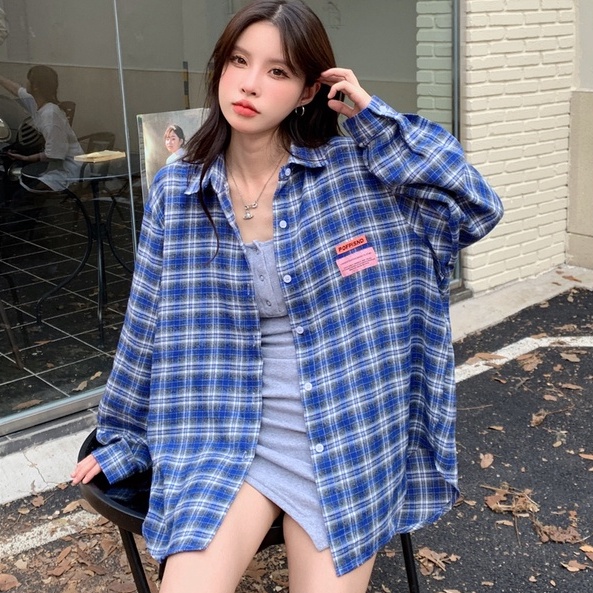【ZHELIHANGFEI】Áo Sơ Mi Nữ Tay Dài Dáng Rộng Họa Tiết Caro Màu Xanh Dương Dễ Phối Đồ
