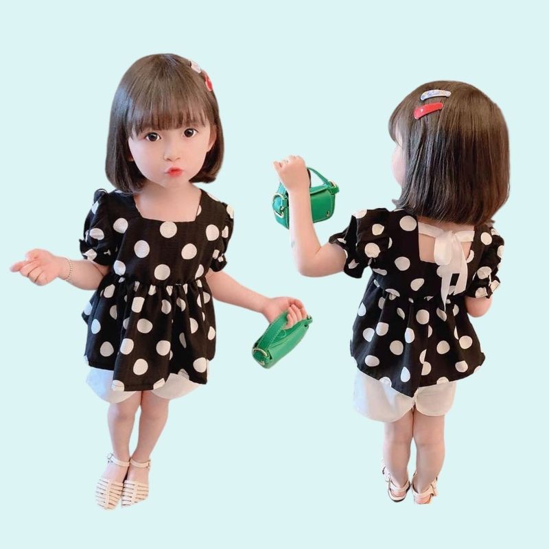 Đồ bộ trẻ em cho bé gái set áo chấm bi buộc dây lưng mix quần sooc xinh xắn điệu đà JIMADO AB9056