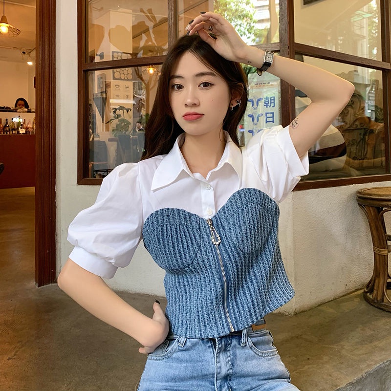Denim spliced shirt female designer minority spring and summer  new French retro slim and thin short-sleeved blouse