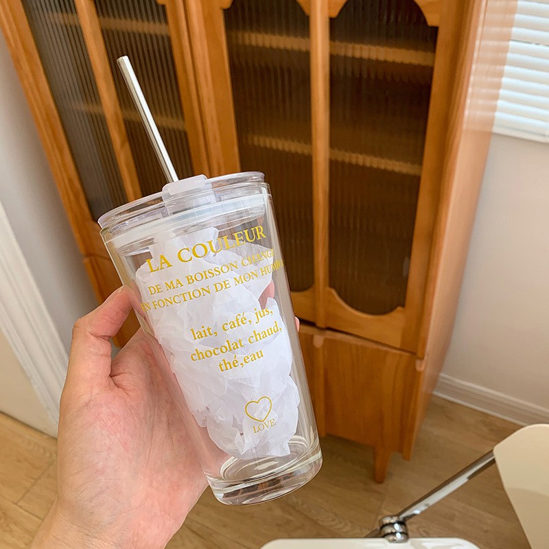 Ly thủy tinh có nắp LA COULEUR tặng ống hút 500ml phong cách Hàn Quốc