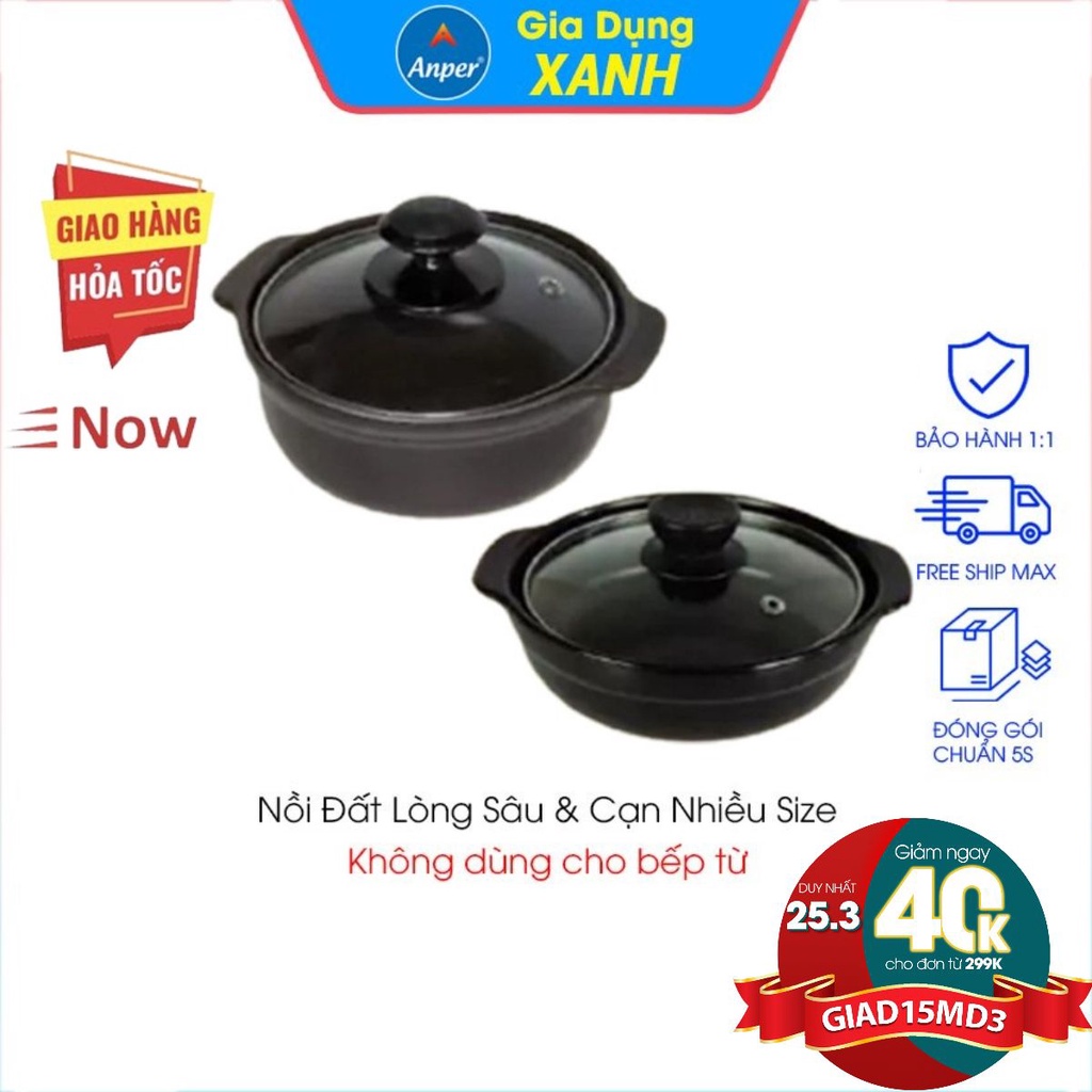 Nồi đất kho thịt cá lioại 1 ANPER 0.2L 0.5L 0.8L 1L 1.5L  2L  3L (ko bếp từ ) kho quẹt kiểu hàn quốc