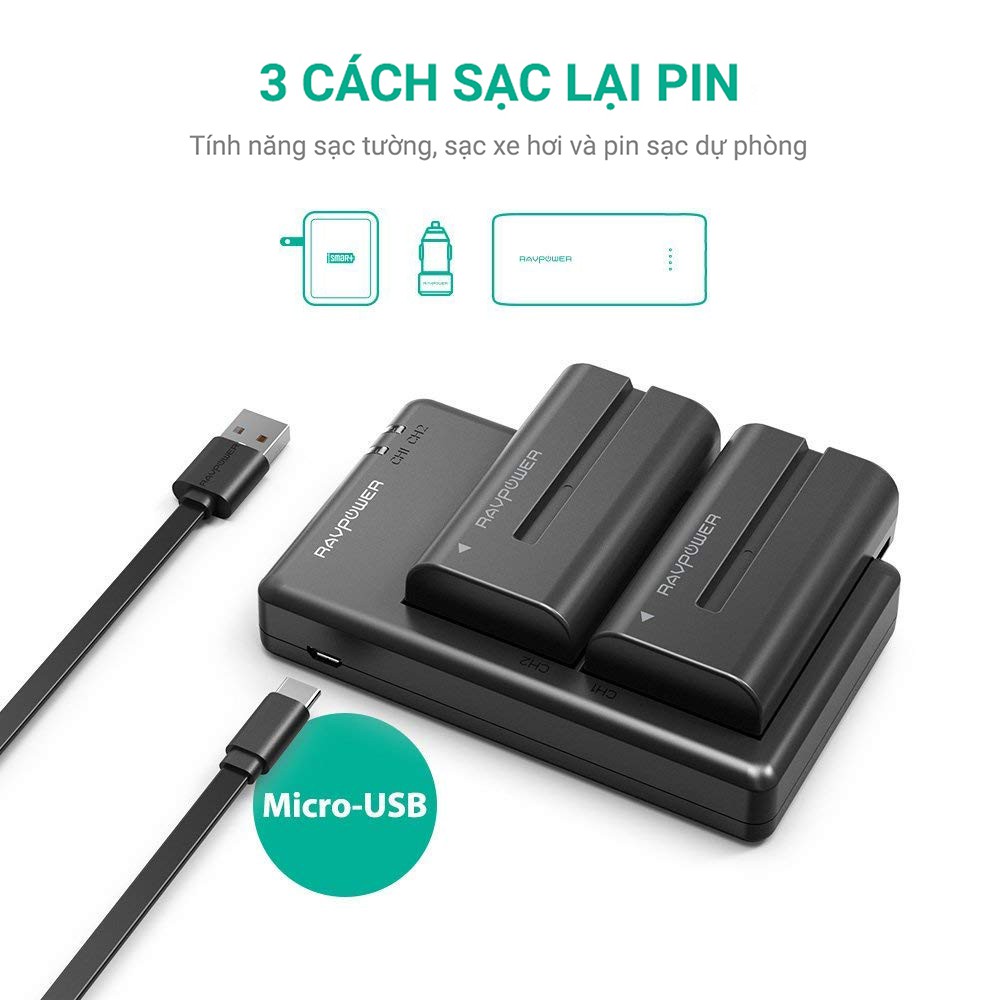 Pin máy quay Sony NP-F550 Ravpower RP-BC006, 2 pin 2900mAh, bộ sạc kép