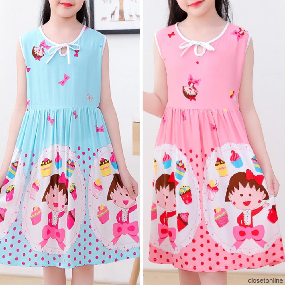 Đầm Ngắn Không Tay In Họa Tiết Hoạt Hình Maruko Thời Trang Mùa Hè Cho Bé Gái