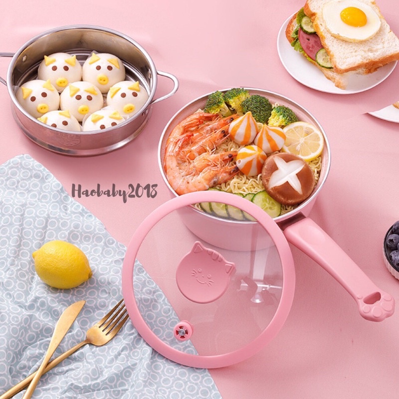 Bộ Nồi Chảo Cho Bé Ăn Dặm, Nồi Chảo Nấu Quấy Fashion Mèo Cao Cấp, Men Đá Chống Dính, Kèm Xửng Hấp