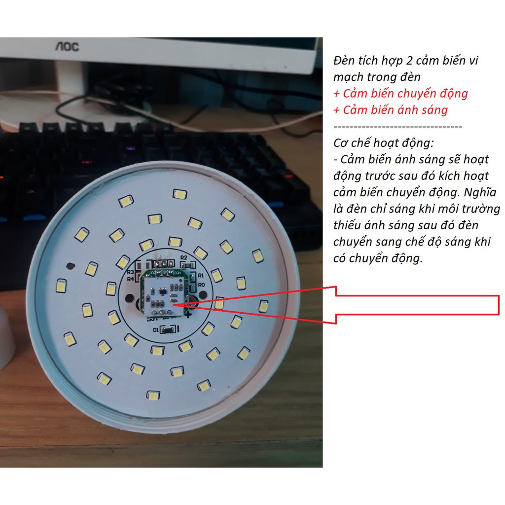 Bóng đèn thông minh tự động [ 2 cảm biến: Ánh sáng + chuyển động ] Có thể làm đèn chống trộm chính hãng Rạng Đông,CREA
