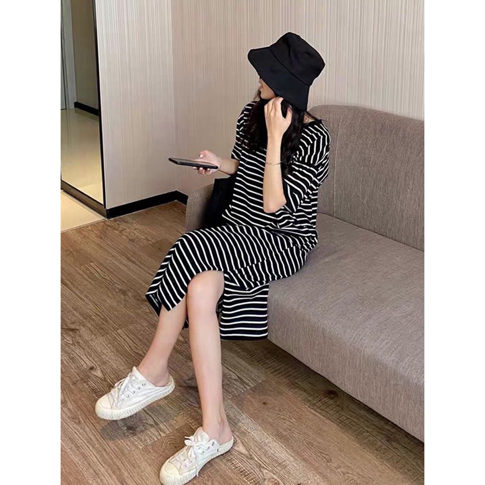[Ảnh Thật] Đầm Thun Cotton Suông Rộng Xẻ Tà Dài Qua Gối | Váy Thun Sọc Kẻ Tay Lỡ Dày Dặn | Đầm Thun Bầu Big Size - D71 | BigBuy360 - bigbuy360.vn