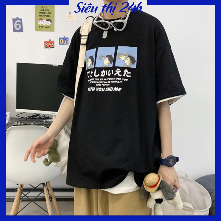Áo thun nam nữ form rộng, áo phông unisex tay lỡ Siêu thị 24 giờ, chất liệu co giãn hoạt tiết in chữ With Yeo And Me