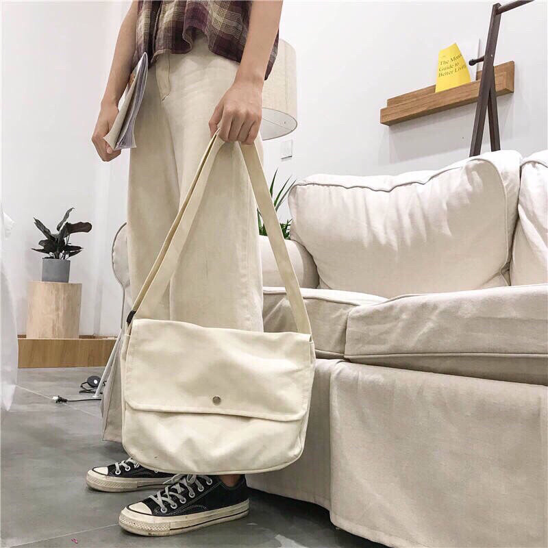 TÚI TOTE ĐEO CHÉO UNISEX NAM NỮ - VẢI DỆT CANVAS [ CÓ TÚI CON] MÀU BE - ĐEN - PHONG CÁCH ULZZANG