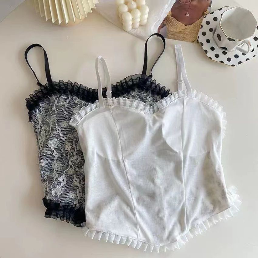Áo Bra Nữ Croptop 2 Dây Ren Hoa Nhí Đính Khuy Cúc Ngọc Kèm Mút Đệm Ngực Siêu Xinh, Áo ngực ren Cao Cấp B3025