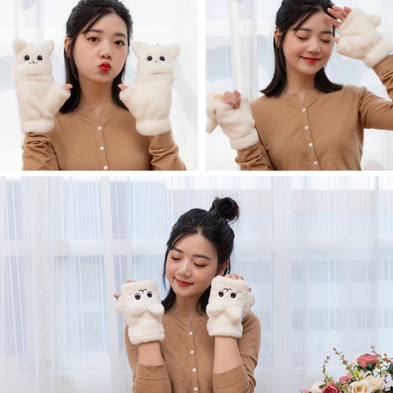 Găng tay hở ngón giữ ấm phối lông dày hình mèo dễ thương cho nữ