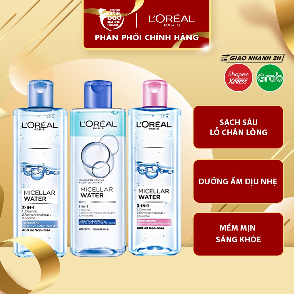 Nước Tẩy Trang Làm Sạch Sâu, Dưỡng Ẩm Cho Mọi Loại Da L'oreal 3-in-1 Micellar Water 400ml