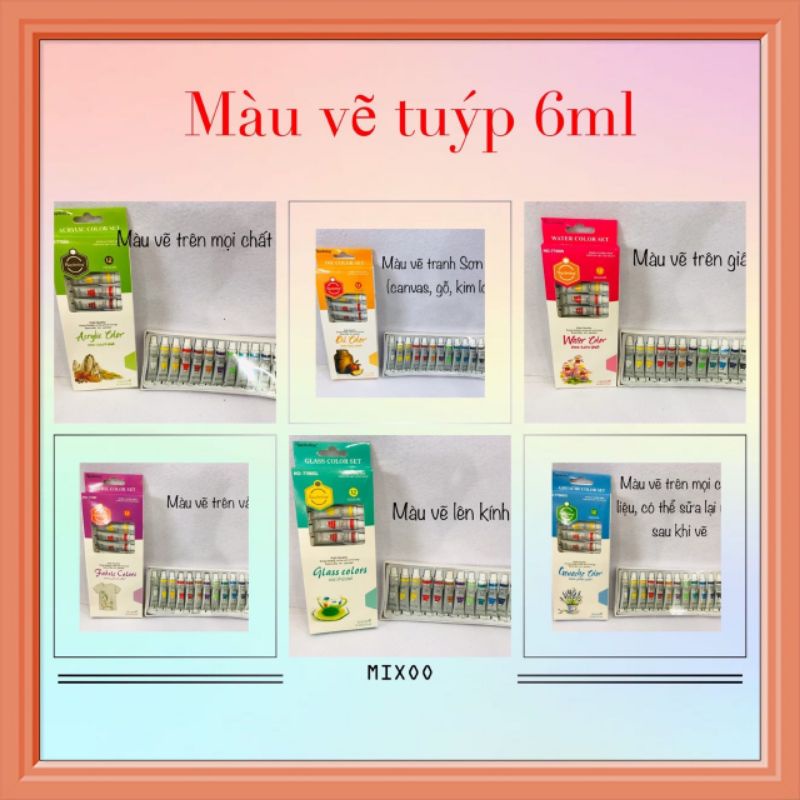Bộ 12 màu vẽ vải/kính/sơn dầu Oil Color/màu nước Water Color/màu acrylic 6ml vẽ t nhiều chất liệu (không phai khi giặt