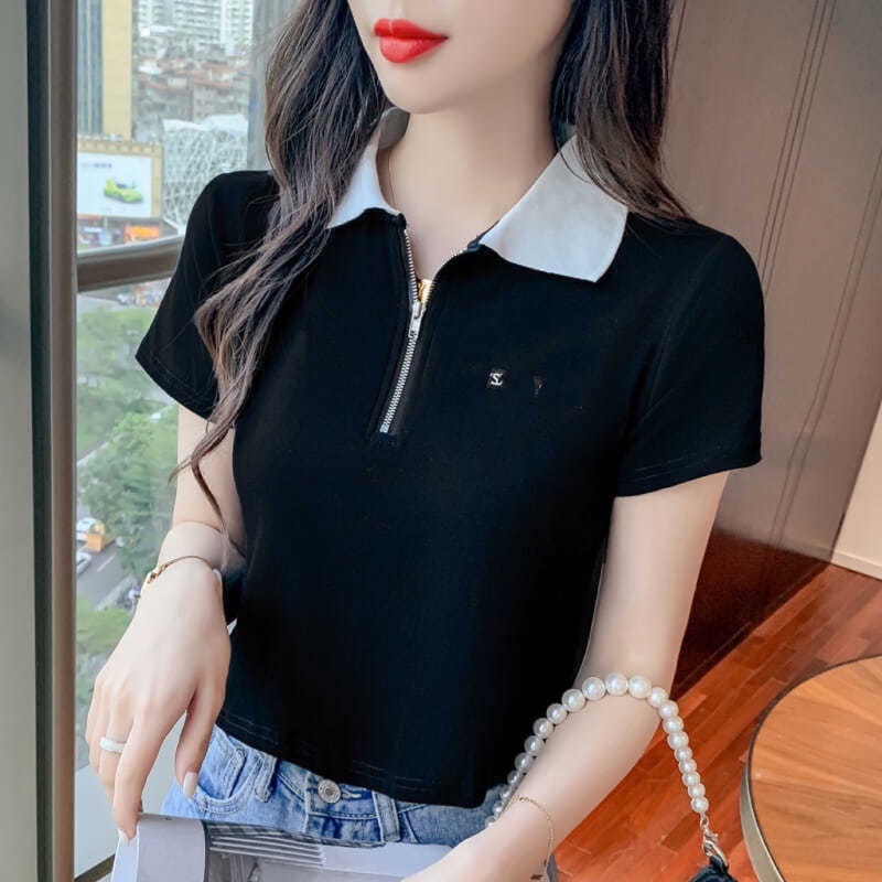 Áo thun croptop cổ bẻ phối dây kéo chất thun bo zip mịn đẹp-A23