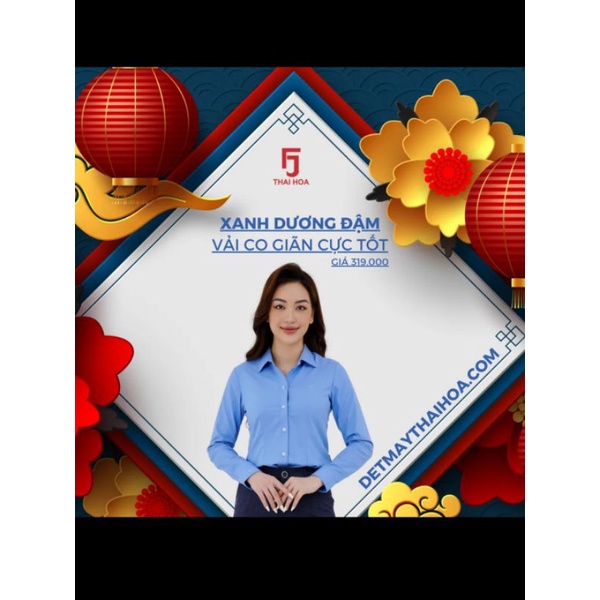 Áo sơ mi nữ Thái Hoà màu xanh dương vải sợi tre.