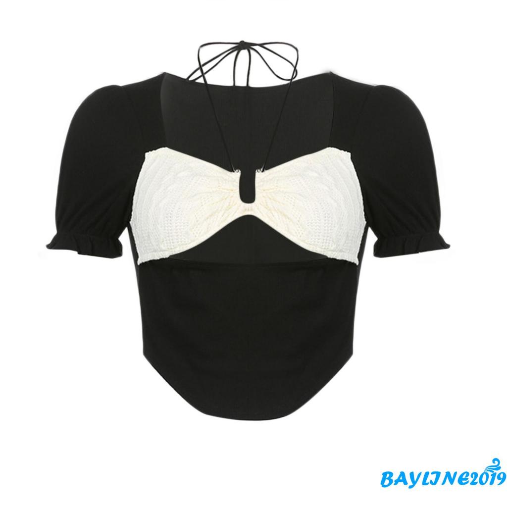 Áo Thun Tay Ngắn Phồng Cổ Yếm Màu Sắc Tương Phản Thời Trang Mùa Hè Dành Cho Nữ