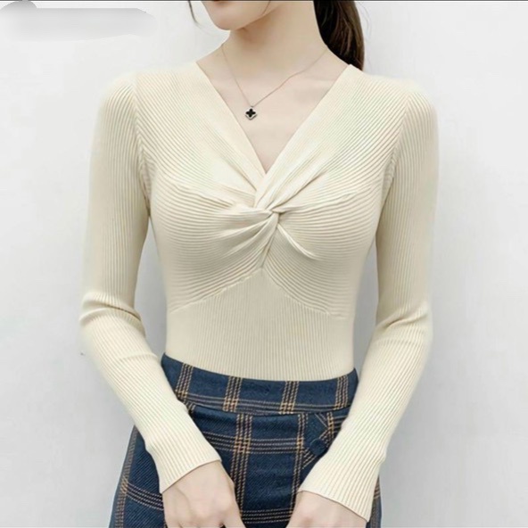 Áo thun gân nữ cổ tim xoắn ngực tay dài ôm body vừa sang trọng vừa lịch sự MC
