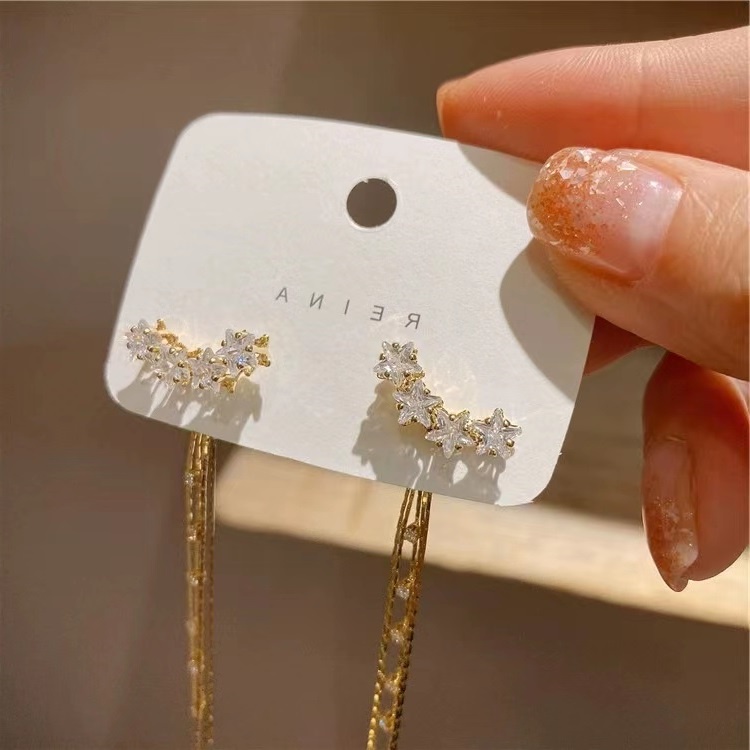 Bông Tai Mạ Bạc 925 Dáng Dài Hình Ngôi Sao Phối Tua Rua Sang Trọng Phong Cách Hàn Quốc