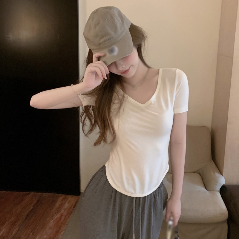 Áo thun màu trơn tay ngắn cổ V thoáng khí thời trang nữ