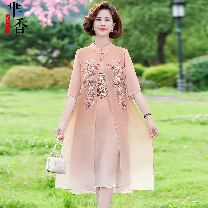 Thời trang đầm voan mùa hè cho mẹ trung niên 40 tuổi 50 phụ nữ trung niên và phụ nữ cao tuổi sườn xám tây và quý phái