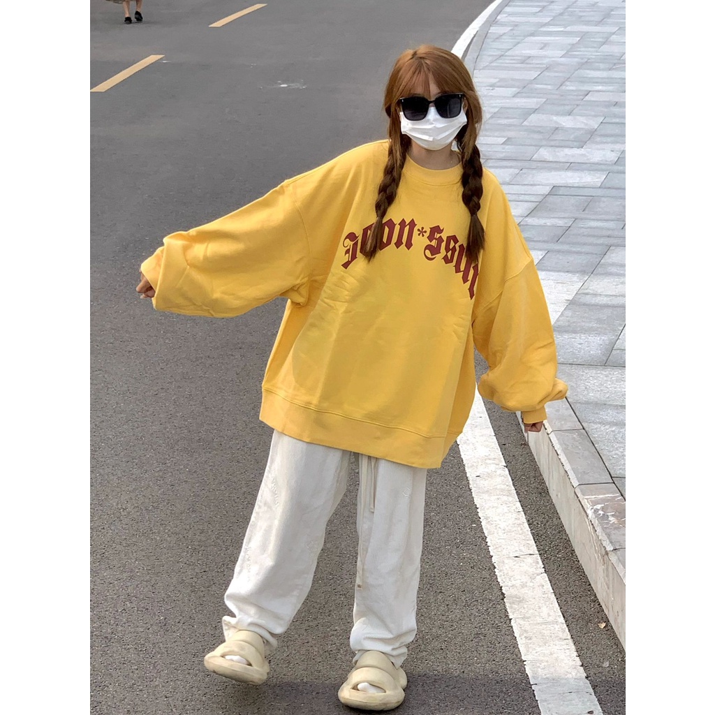 Welove1 Áo Nỉ Cổ Tròn Màu Vàng In Họa Tiết Vintage Mỹ Dễ Thương