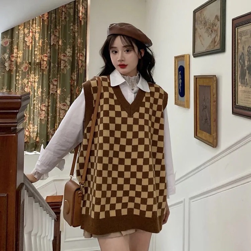 [CÓ SẴN] FORM TO áo len gi lê cổ tim hoạ tiết kẻ bàn cờ đối xứng | BigBuy360 - bigbuy360.vn