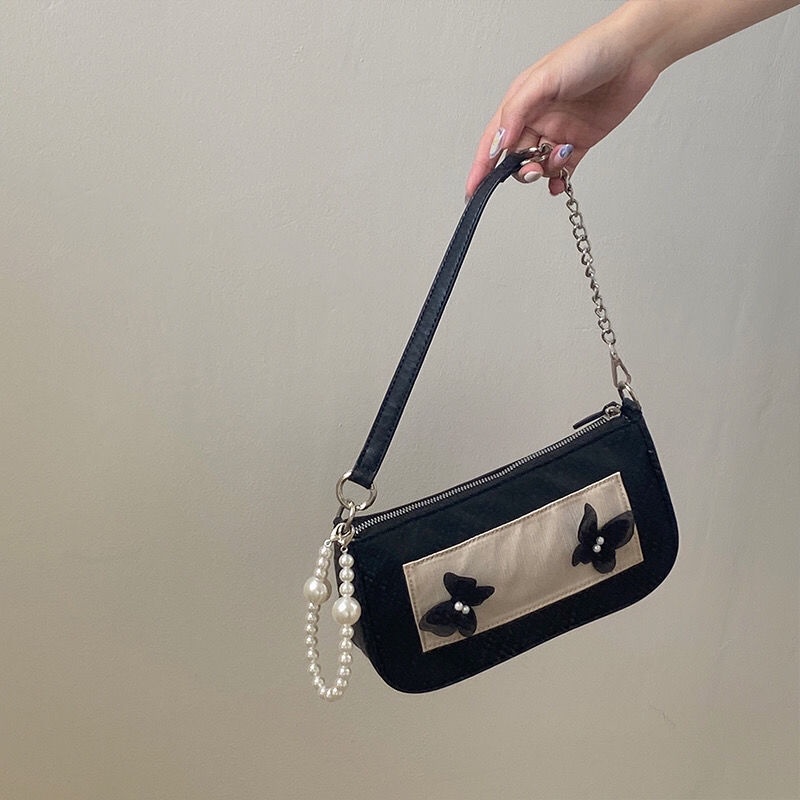 Túi đeo vai IELGY trang trí bướm phối chuỗi ngọc trai vintage kiểu Pháp cho nữ